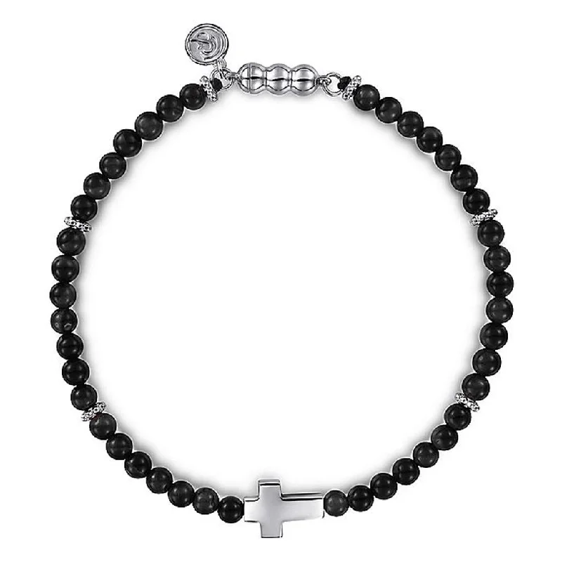 Gabriel Sterling Silver Cross &  Onyx Beaded Bracelet