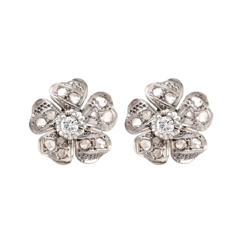 Mid-Century Diamond 18K Yellow White Gold Flower Studs