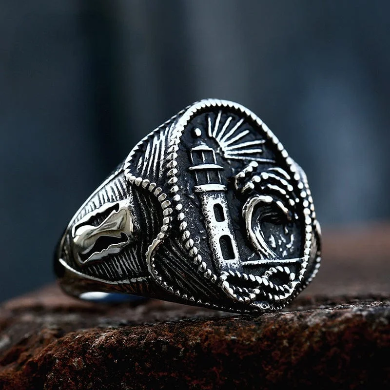 Men's Punk Lighthouse Engraved Ring