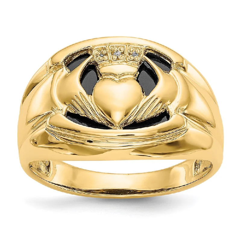 10k Yellow Gold AA Diamond and Onyx Mens Claddagh Ring