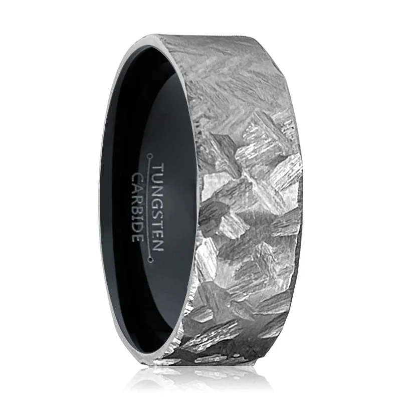 STALLION | Black Ring, Silver Titanium Ring, Hammered, Flat