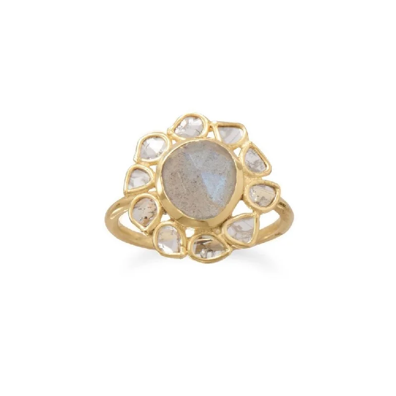 Curata 14k Gld Plated 925 Sterling Silver Polki Diamond and Labradorite Ring an 8mm X 9mm Freeform at Center F