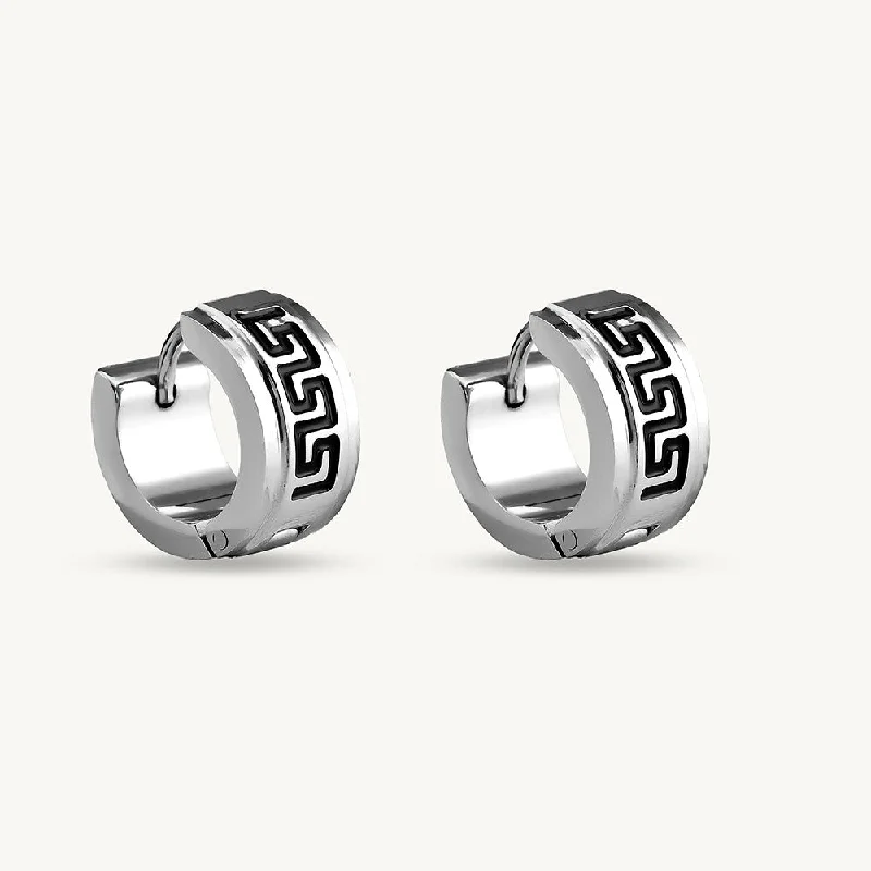 Greek Key Design Silver Hoop Earrings