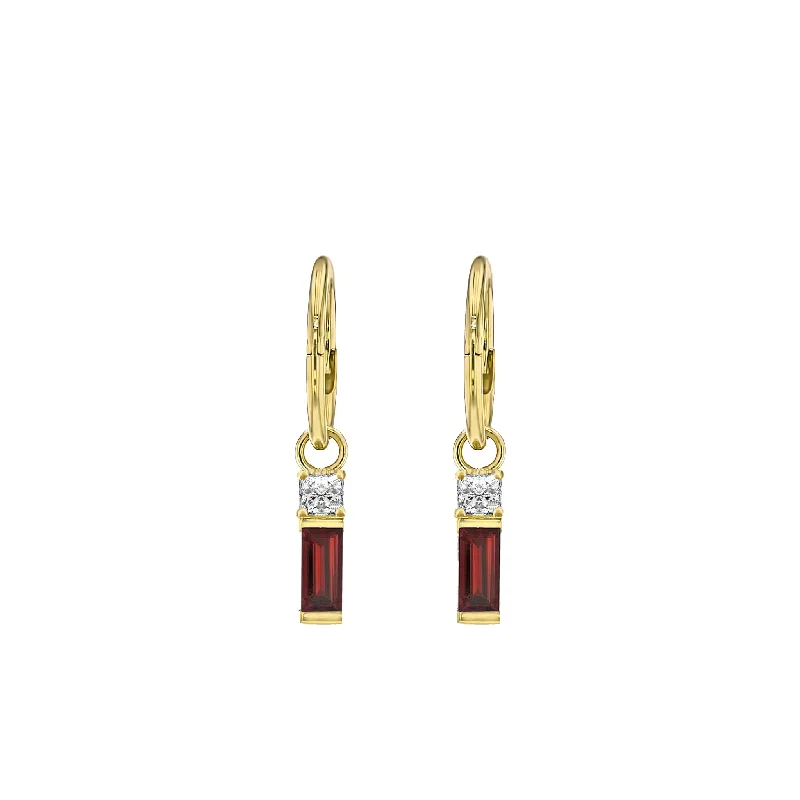 Garnet Baguette and Diamond Sleeper Earrings