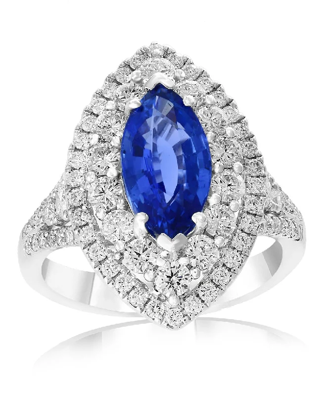 Marquise Sapphire and Diamond Ring in 18k White Gold