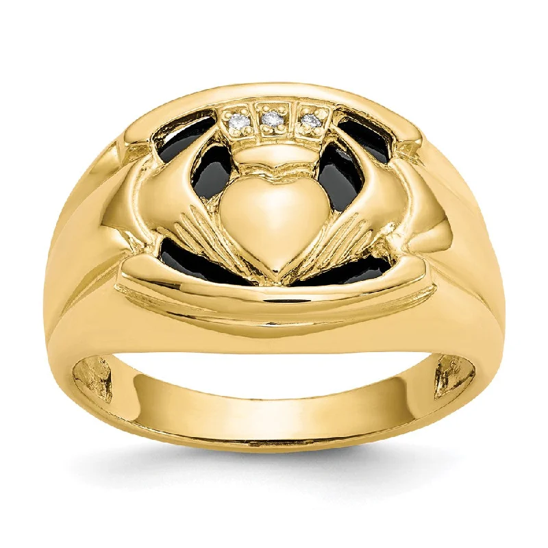 10k Yellow Gold Men's Diamond and Black Onyx Claddagh Ring