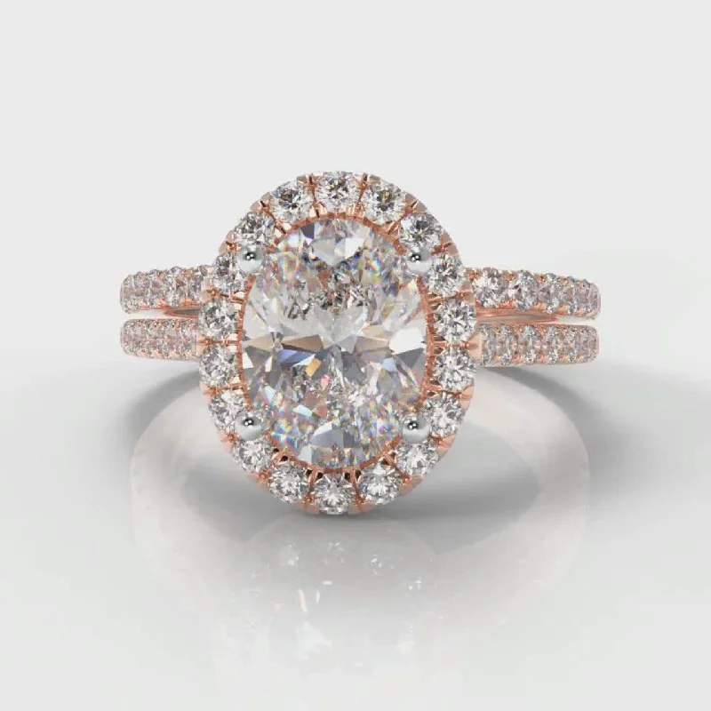 Petite Micropavé Oval Diamond Halo Bridal Set - Rose Gold