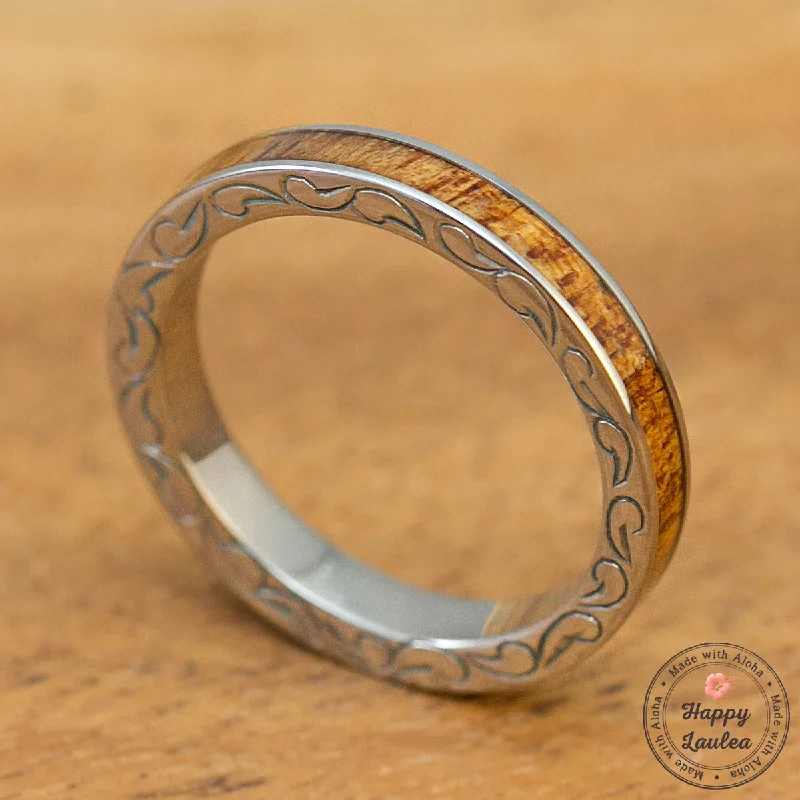 Titanium 3mm Hand Engraved Side Scroll Ring with Koa Wood Inlay, Standard Fitment, Flat Style