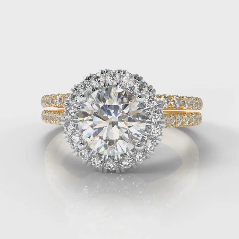 Petite Micropavé Round Brilliant Cut Diamond Halo Bridal Set - Two Tone Yellow Gold