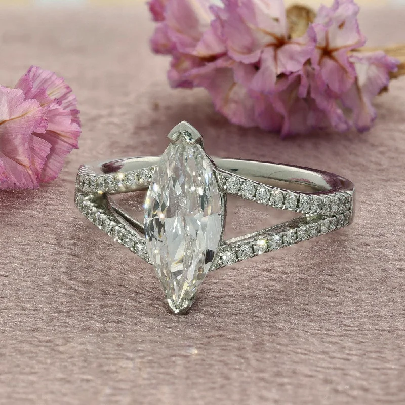 Platinum Certificated 1.50ct Marquise Diamond Solitaire Ring with Diamond Set Shoulders