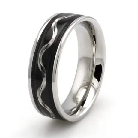 Black Stainless Steel with Wave Center Ring-7mm