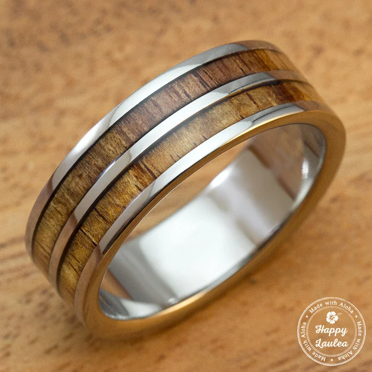 Titanium Ring with Hawaiian Koa Wood Duo Inlay [8mm width]  Flat Shape, Standard Fitment