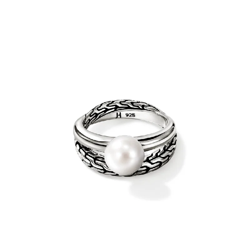 John Hardy Sterling Silver Pearl Carved Chain Motif Ring