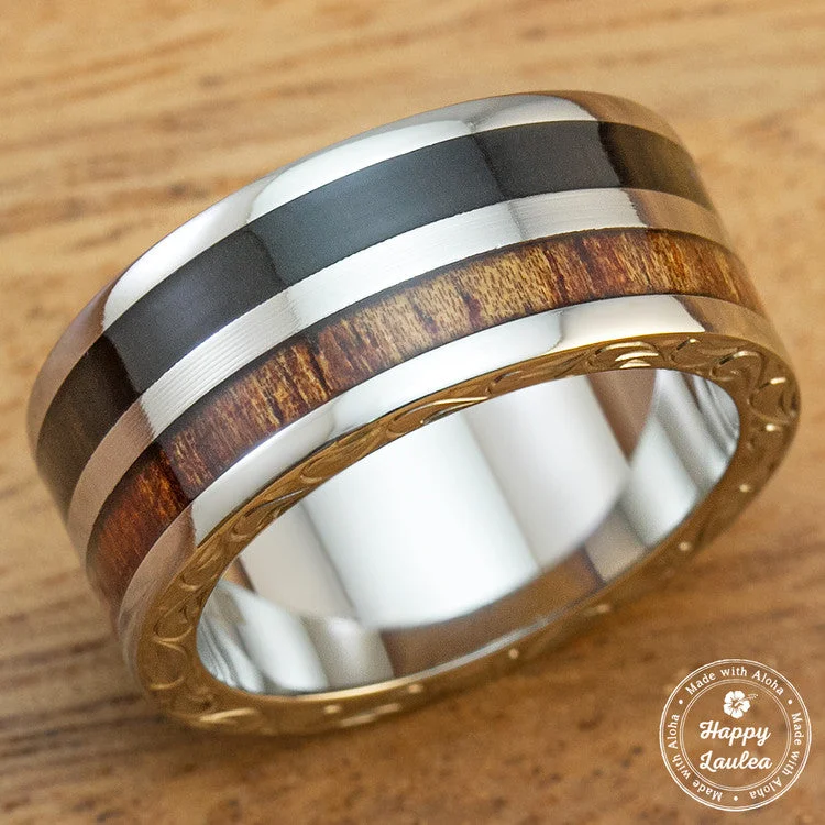 Men's Titanium Hand Engraved Scroll Pattern Ring with Hawaiian Koa and Ebony Gabon Wood Inlay - 10mm, Flat Shape, Standard Fitment