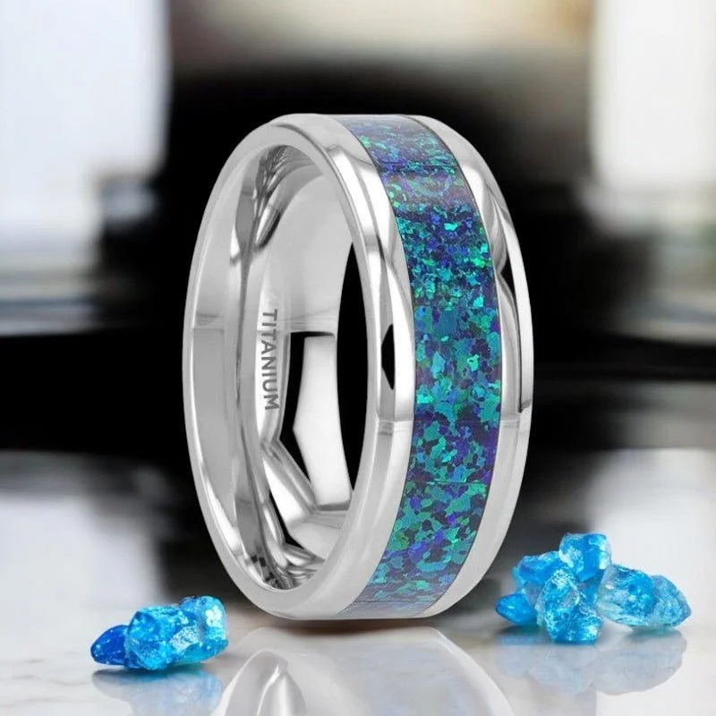 ANDROMEDA | Silver Titanium Ring, Green Blue Opal Inlay, Beveled