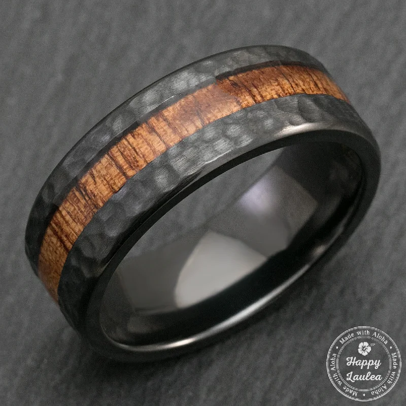 Black Zirconium Hammered Ring with Offset Koa Wood Inlay - 8mm, Flat Shape, Comfort Fitment