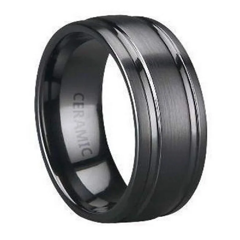 Men's Black Ceramic Band with Satin Finish Two Polished Grooves | 8mm