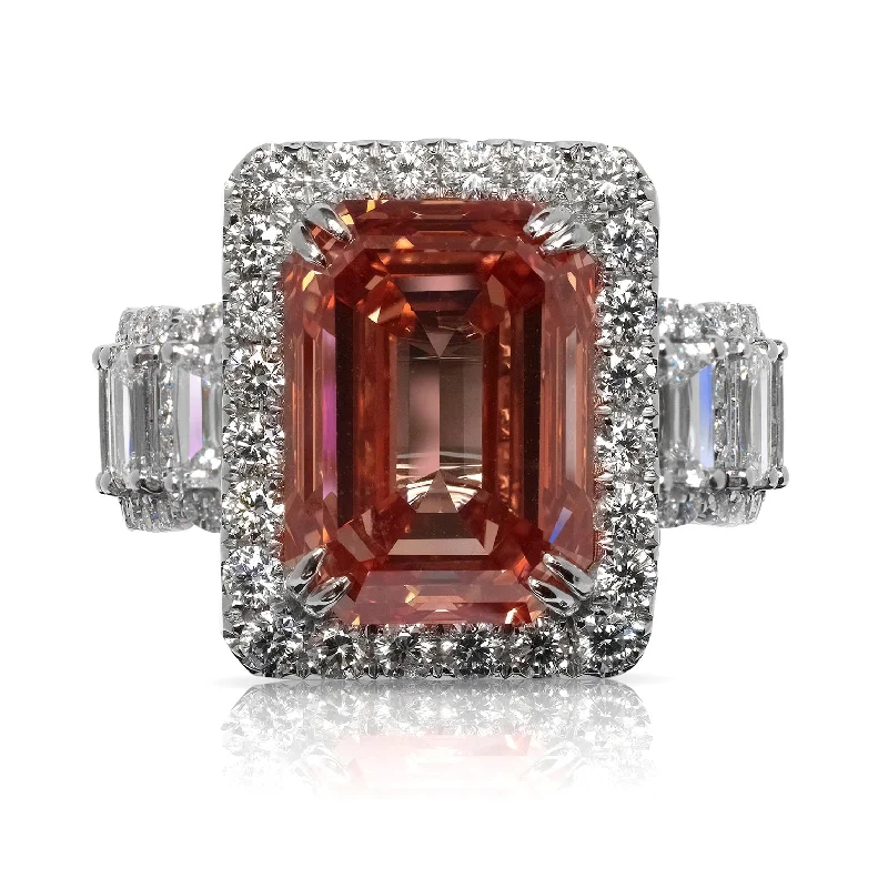 EVE 15 CARAT EMERALD CUT FANCY VIVID ORANGY PINK DIAMOND ENGAGEMENT RING 18K WHITE GOLD GIA CERTIFIED 11 CT VVS1 FVOP BY MIKE NEKTA