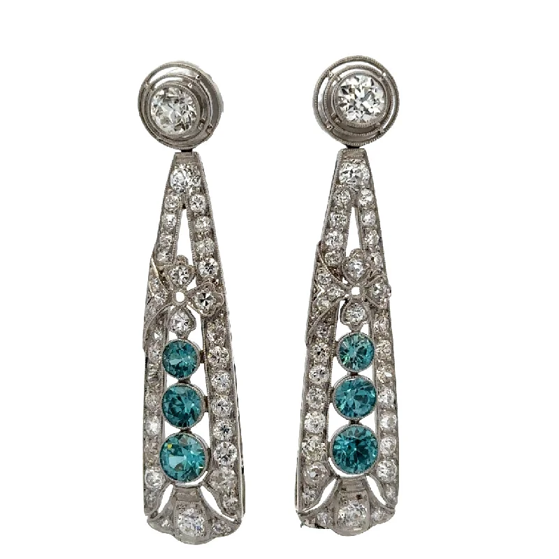 Antique Art Deco Blue Zircon and Diamond Drop Earrings in Platinum