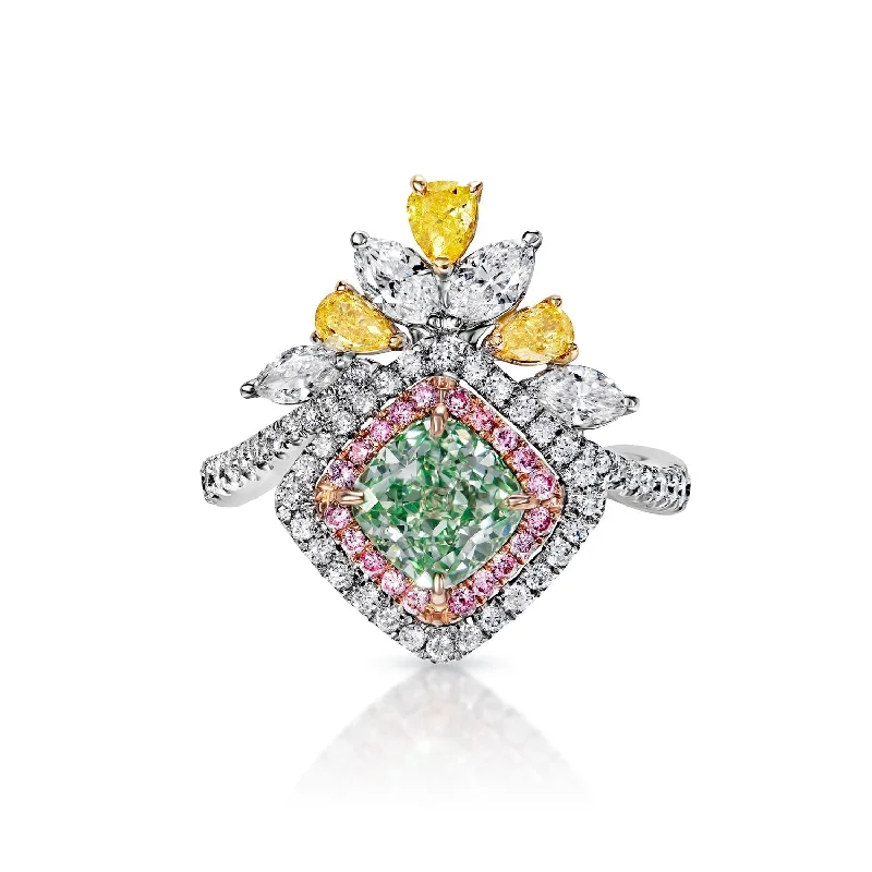 Emmie 3 Carat Fancy Light Yellowish Green SI1 Cushion Cut Diamond Engagement Ring in White Gold By Mike Nekta. GIA Certified