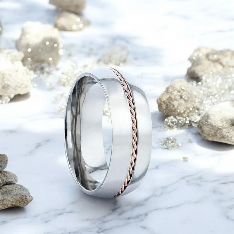 CONDUCTOR | Silver Titanium Ring, Braided 14k Rose Gold Inlay, Domed