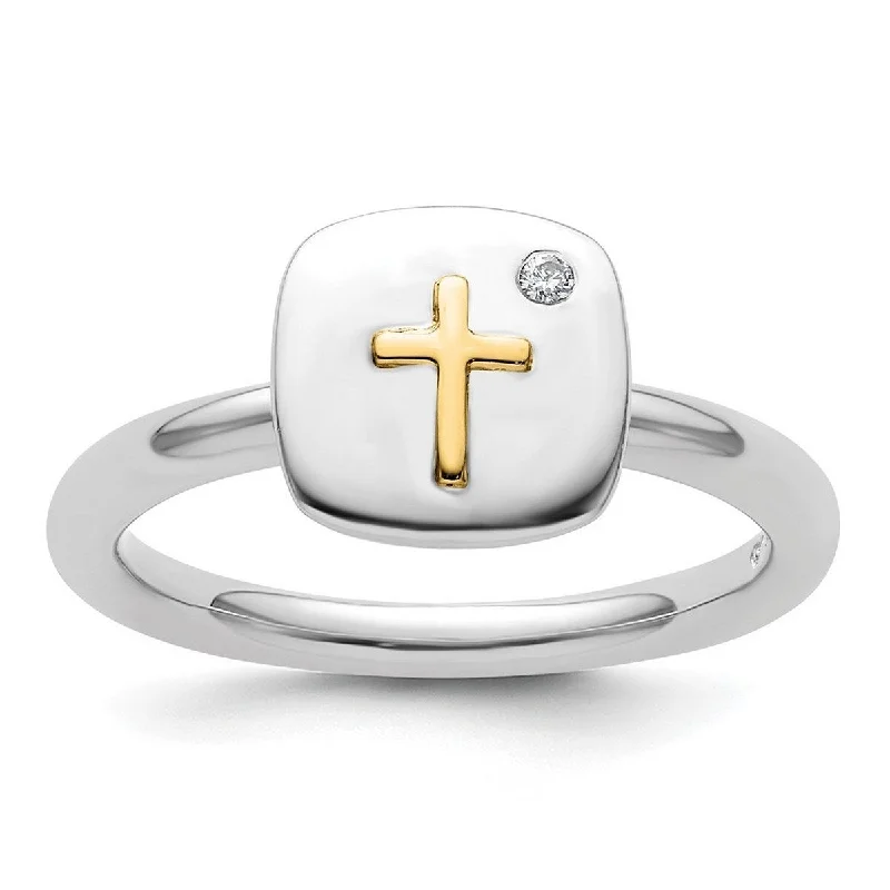 Curata 2.25mm 925 Sterling Silver and 14k Religious Faith Cross Stackable Expressions Diamond Ring