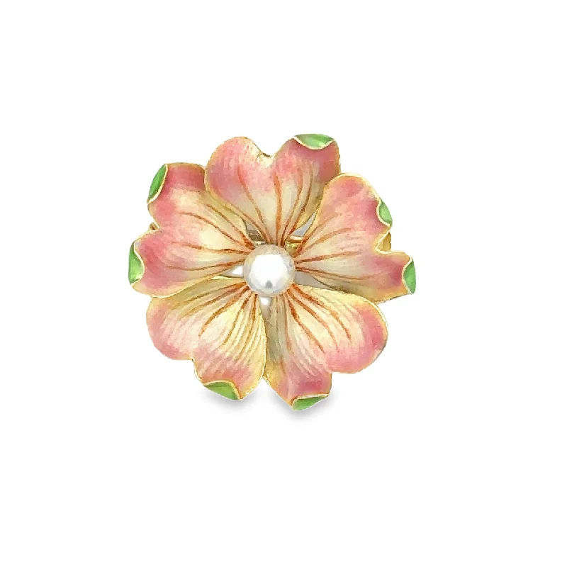 Antique Enamel Art Nouveau Flower Brooch in Yellow Gold