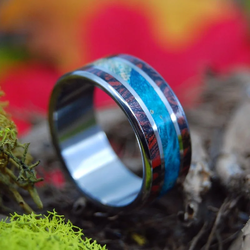 Sabado | Men's Blue Box Elder Wood, Red Mokume Gane, Black Mokume Gane & Titanium Wedding Ring