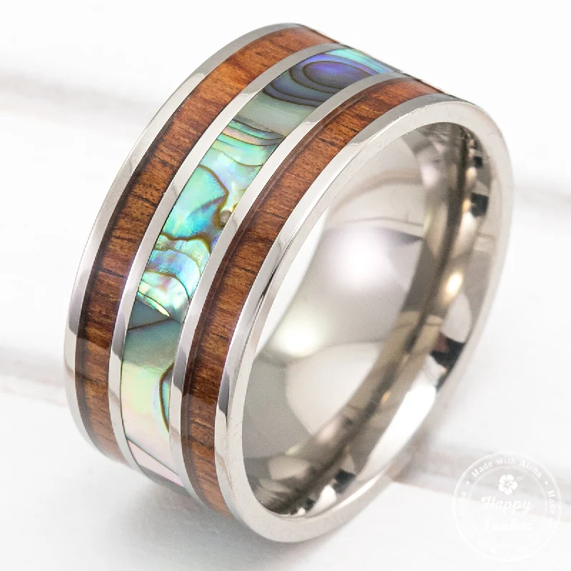 Titanium Ring with Abalone Shell and Hawaiian Koa Wood Tri Inlay - 10mm, Flat Shape, Comfort Fitment