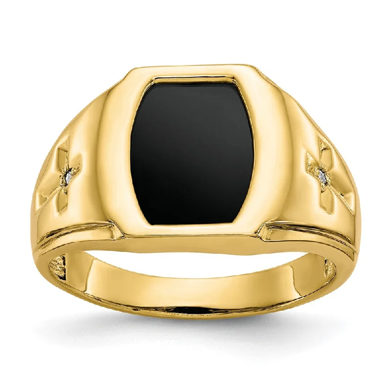 10k Yellow Gold Onyx and .01ct Diamond Mens Cross Ring