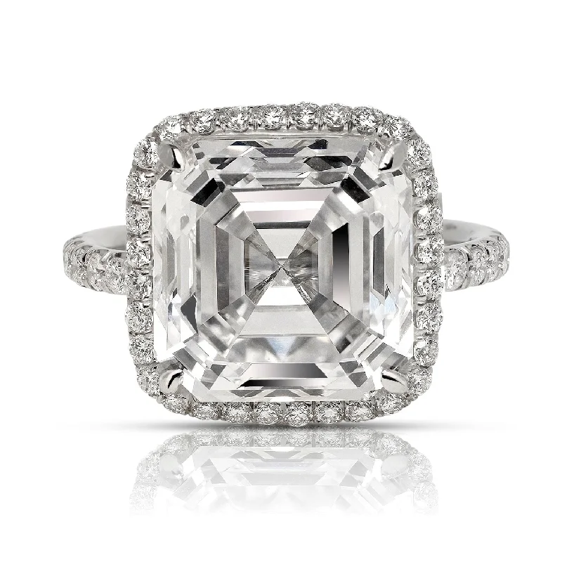 AMARA 10 CARAT ASSCHER CUT E COLOR VVS1 CLARITY DIAMOND ENGAGEMENT RING PLATINUM GIA CERTIFIED 9 CT E VVS1 BY MIKE NEKTA