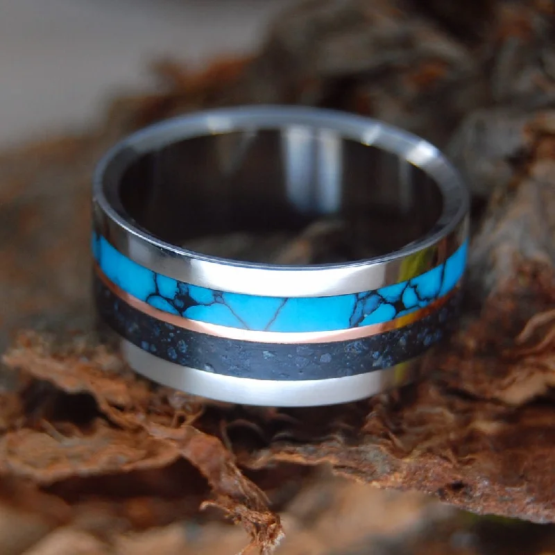 I Lava Iceland Ii | Men's Beach Sand, Turquoise, Copper & Titanium Wedding Ring