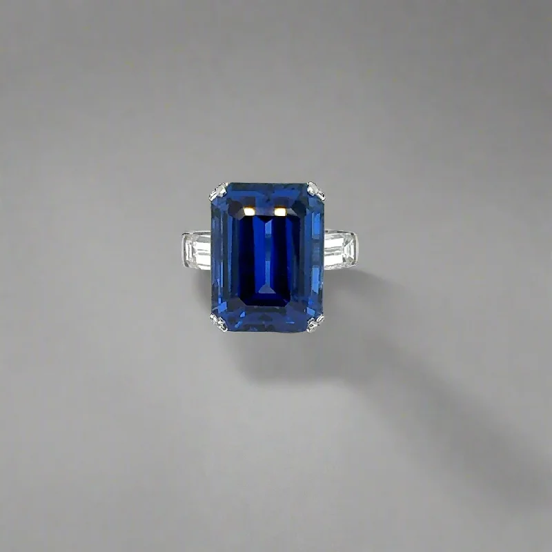 Emory 25 Carat Emerald Cut Blue Sapphire Ring in 18 Karat White Gold AGL Certified