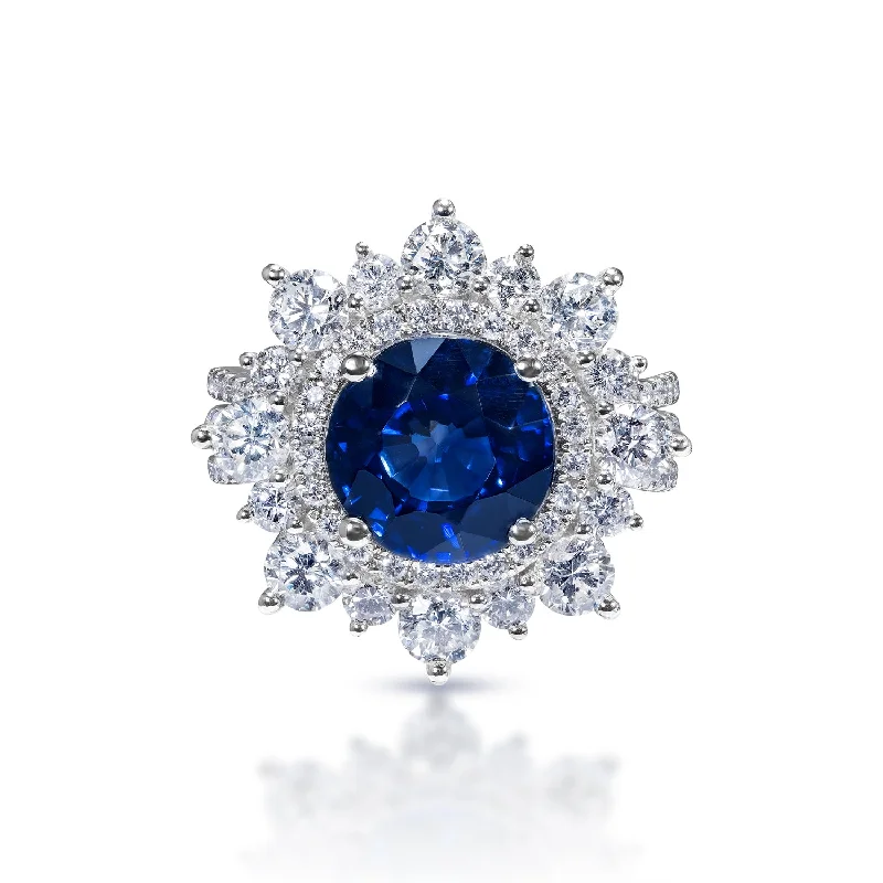 Evie 7 Carats Round Brilliant Blue Sapphire Ring in 18k White Gold