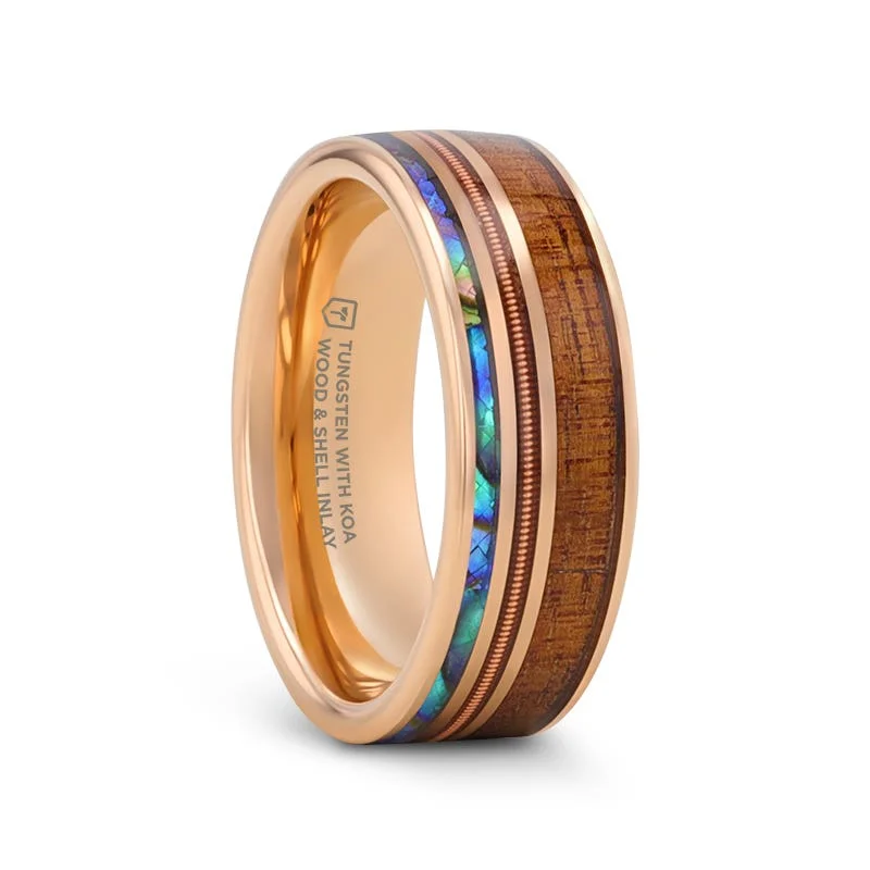 Thorsten MOANA Smoked Rose Gold Tungsten Ring with Hawaiian Koa Wood Abalone & Guitar String - 8mm