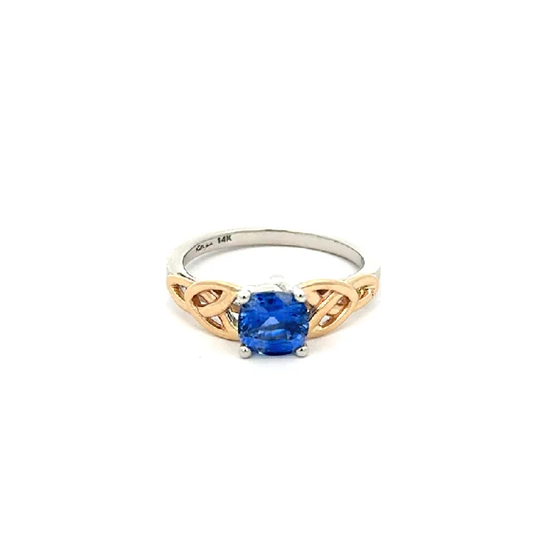 14k White and Yellow Gold with Cushion  Cut 1.68ct Ceylon Blue Sapphire Trinity Ring