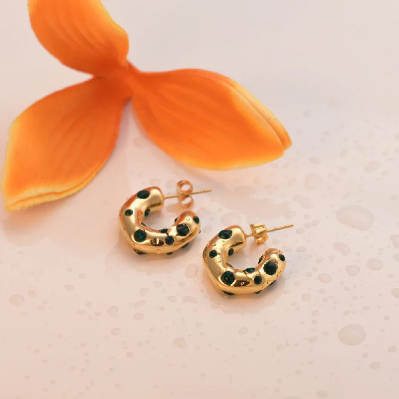 Green Stone Studded Hoop Earrings