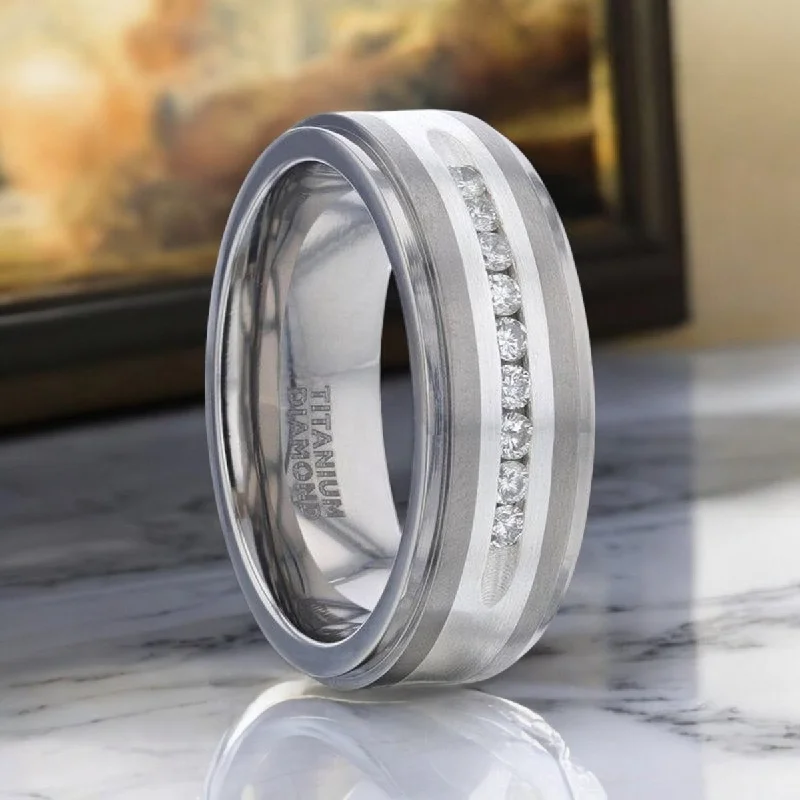 BOND | Silver Titanium Ring, Sterling Inlay, White Diamonds, Stepped Edge