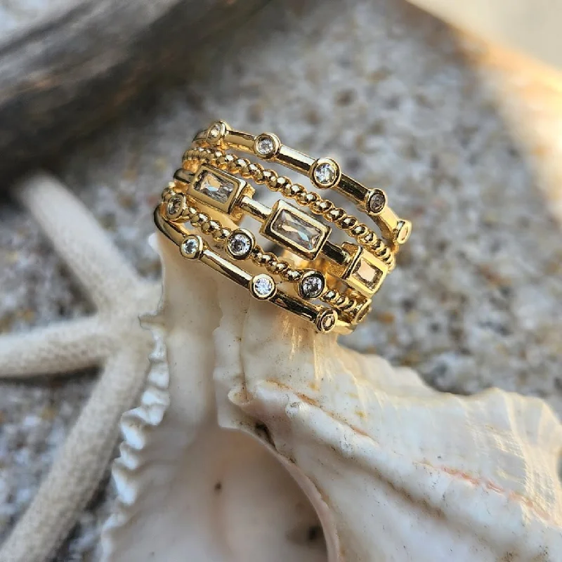 LAYERED STAR  - ADJUSTABLE CUBIC ZIRCONIA WATERPROOF 18K GOLD RING