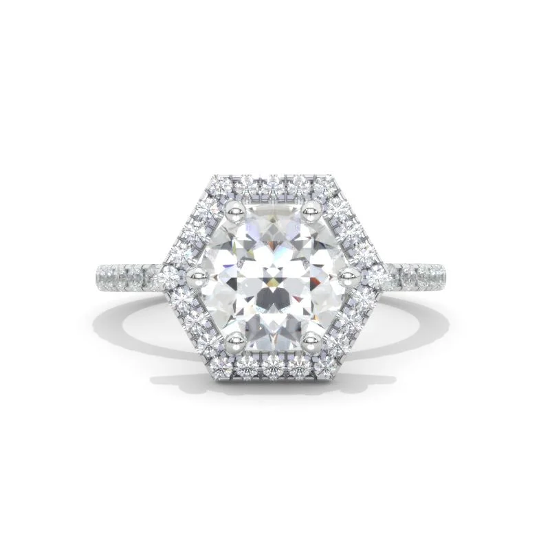 2 Carat Moissanite Round Cut Hexagon Halo White Gold Engagement  Ring