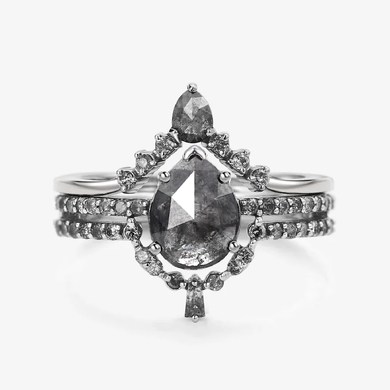 Pear Cut Salt and Pepper Diamonds Unique Engagement Ring Sets 3pcs