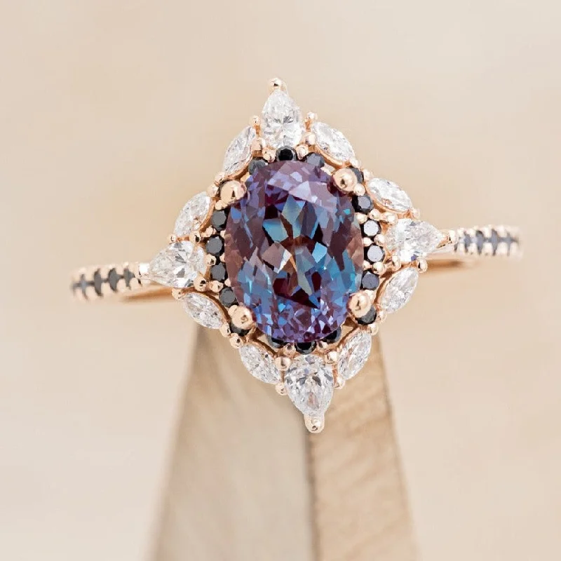 "NORTH STAR" - OVAL LAB-GROWN ALEXANDRITE ENGAGEMENT RING WITH DIAMOND HALO & BLACK DIAMOND ACCENTS