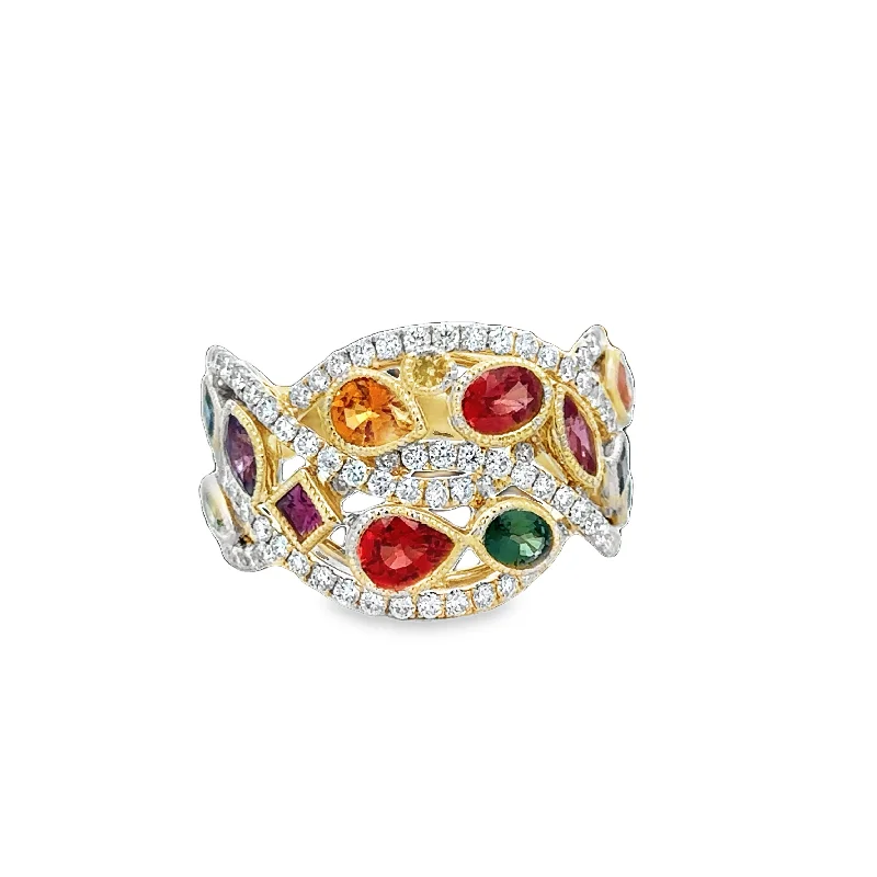 Mutli-Gemstone Openwork Ring in Yellow Gold