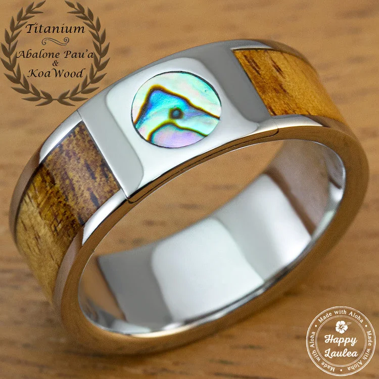 Titanium 8mm Ring with Abalone Pau'a Shell and Hawaiian Koa Wood Inlay