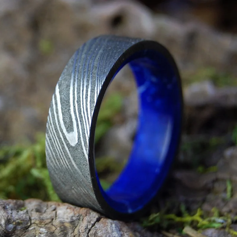 Sea Wall | Men's Damascus Damasteel, Sodalite Stone & Titanium Wedding Ring