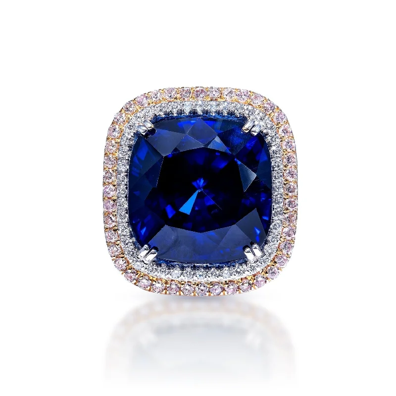 Fiona 31 Carat Cushion Cut Blue Sapphire Ring with Diamond Double Halo in Platinum EGL Certified