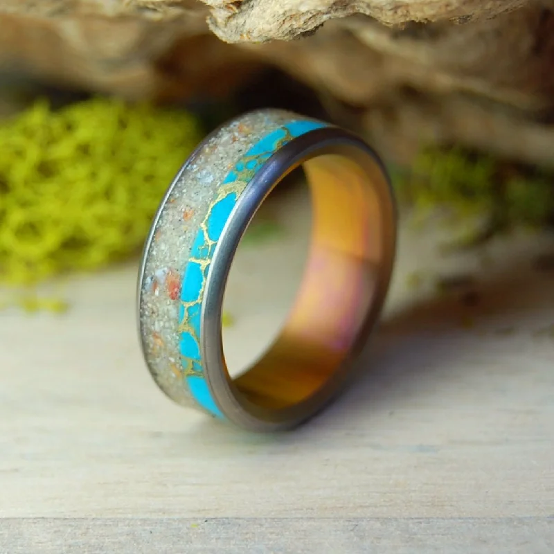 Culebrita Puerto Rico Sunset | Men's Tibetan Turquoise, Beach Sand & Titanium Wedding Ring