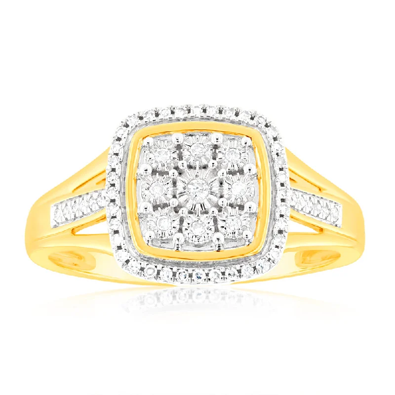 9ct Yellow Gold 1/5 Carat Diamond Ring with 57 Brilliant Cut Diamonds