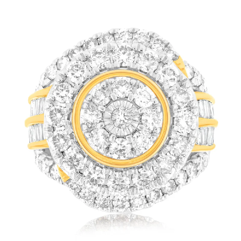 9ct Yellow Gold 3.05 Carat Diamond Ring with Brilliant and Tapered Baguette Diamonds