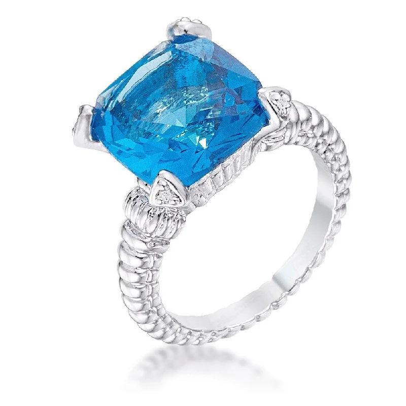 Aqua Cushion Engagement Ring With Rhodium Plated